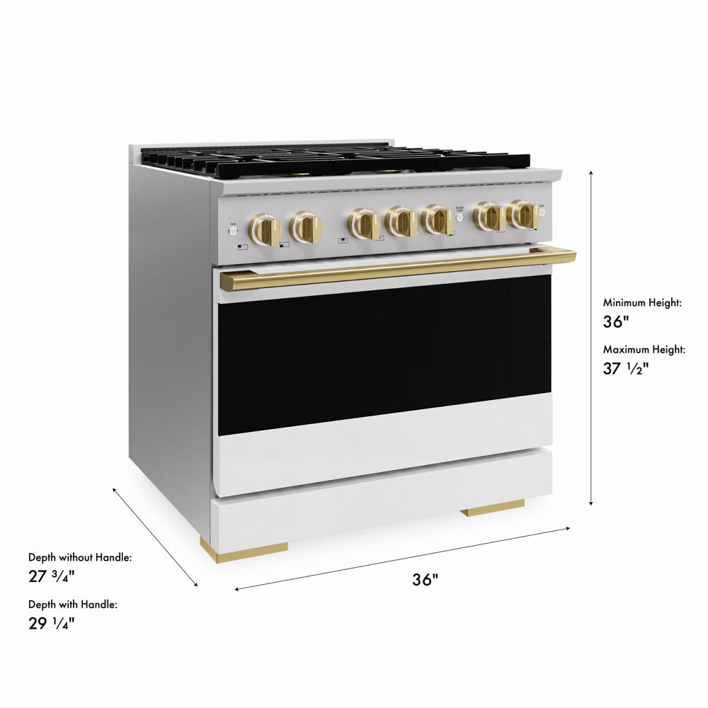 ZLINE Autograph Edition 36 in. 5.2 cu. ft. Marino Dual Fuel Range with 6 Burner DuoPro™ Cooktop and Electric Convection Oven with White Matte Door and Polished Gold Accents (PMDRZ-WM-36-G)