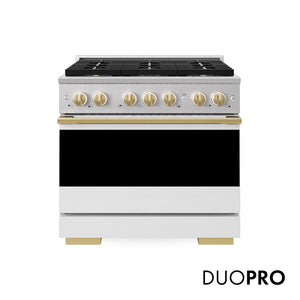 ZLINE Autograph Edition 36 in. 5.2 cu. ft. Marino Dual Fuel Range with 6 Burner DuoPro™ Cooktop and Electric Convection Oven with White Matte Door and Polished Gold Accents (PMDRZ-WM-36-G)