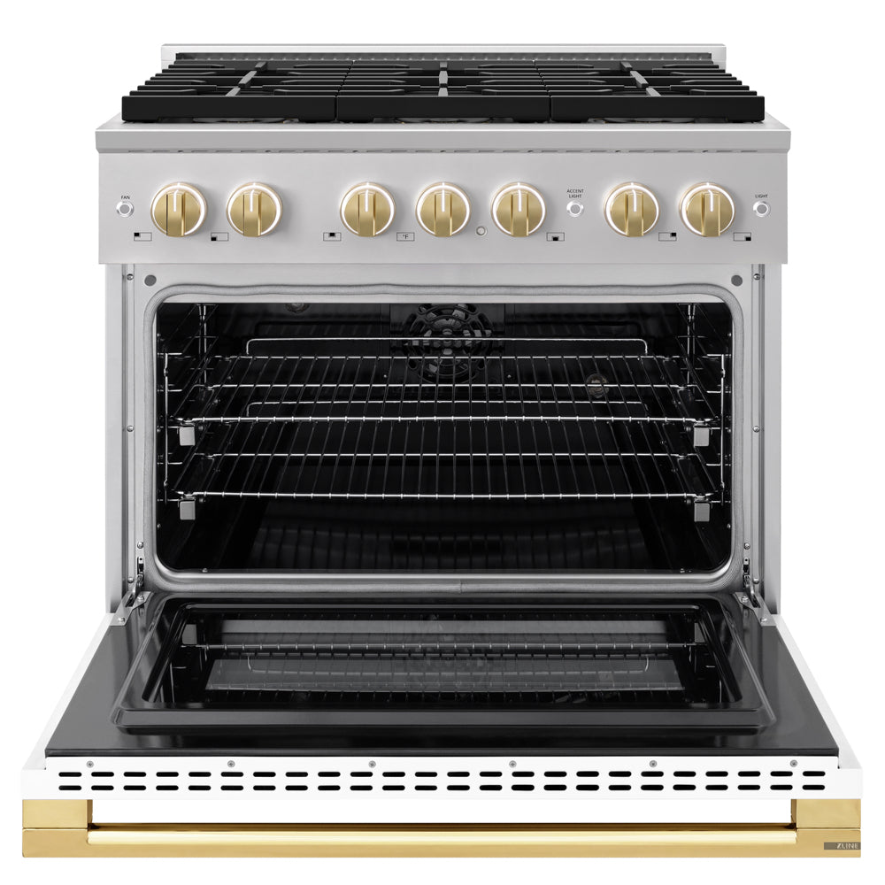 ZLINE Autograph Edition 36 in. 5.2 cu. ft. Marino Dual Fuel Range with 6 Burner DuoPro™ Cooktop and Electric Convection Oven with White Matte Door and Polished Gold Accents (PMDRZ-WM-36-G)