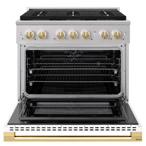 ZLINE Autograph Edition 36 in. 5.2 cu. ft. Marino Dual Fuel Range with 6 Burner DuoPro™ Cooktop and Electric Convection Oven with White Matte Door and Polished Gold Accents (PMDRZ-WM-36-G)
