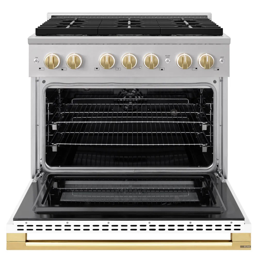 ZLINE Autograph Edition 36 in. 5.2 cu. ft. Marino Dual Fuel Range with 6 Burner DuoPro™ Cooktop and Electric Convection Oven with White Matte Door and Polished Gold Accents (PMDRZ-WM-36-G) front, oven open.