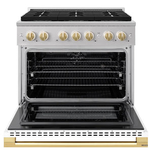 ZLINE Autograph Edition 36 in. 5.2 cu. ft. Marino Dual Fuel Range with 6 Burner DuoPro™ Cooktop and Electric Convection Oven with White Matte Door and Polished Gold Accents (PMDRZ-WM-36-G) front, oven open.
