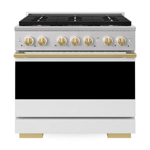 ZLINE Autograph Edition 36 in. 5.2 cu. ft. Marino Dual Fuel Range with 6 Burner DuoPro™ Cooktop and Electric Convection Oven with White Matte Door and Polished Gold Accents (PMDRZ-WM-36-G)