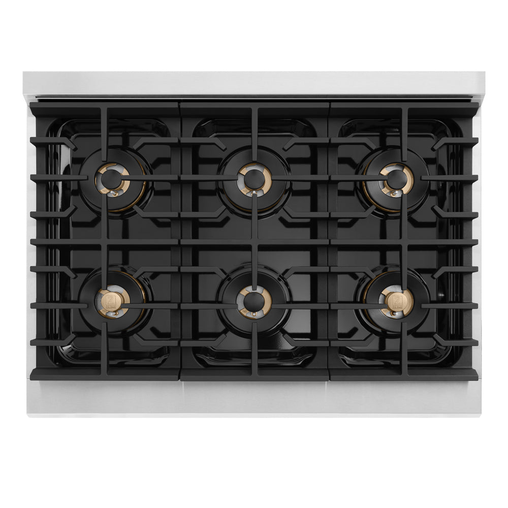 ZLINE Autograph Edition 36 in. 5.2 cu. ft. Marino Dual Fuel Range with 6 Burner DuoPro™ Cooktop and Electric Convection Oven with White Matte Door and Polished Gold Accents (PMDRZ-WM-36-G)