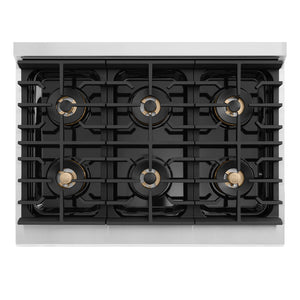 ZLINE Autograph Edition 36 in. 5.2 cu. ft. Marino Dual Fuel Range with 6 Burner DuoPro™ Cooktop and Electric Convection Oven with White Matte Door and Polished Gold Accents (PMDRZ-WM-36-G)