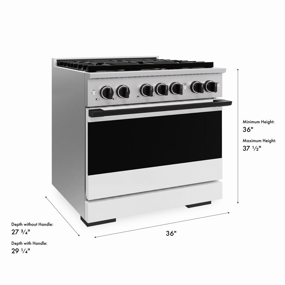 ZLINE Autograph Edition 36 in. 5.2 cu. ft. Marino Dual Fuel Range with 6 Burner DuoPro™ Cooktop and Electric Convection Oven with White Matte Door and Matte Black Accents (PMDRZ-WM-36-MB) with dimensions labeled.