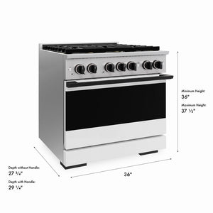 ZLINE Autograph Edition 36 in. 5.2 cu. ft. Marino Dual Fuel Range with 6 Burner DuoPro™ Cooktop and Electric Convection Oven with White Matte Door and Matte Black Accents (PMDRZ-WM-36-MB) with dimensions labeled.