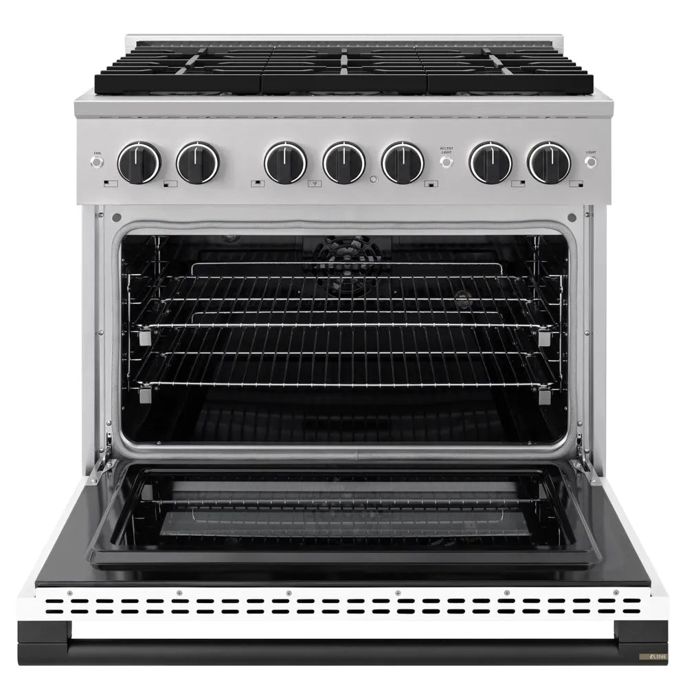 ZLINE Autograph Edition 36 in. 5.2 cu. ft. Marino Dual Fuel Range with 6 Burner DuoPro™ Cooktop and Electric Convection Oven with White Matte Door and Matte Black Accents (PMDRZ-WM-36-MB) front, oven open.