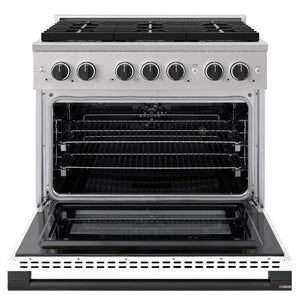 ZLINE Autograph Edition 36 in. 5.2 cu. ft. Marino Dual Fuel Range with 6 Burner DuoPro™ Cooktop and Electric Convection Oven with White Matte Door and Matte Black Accents (PMDRZ-WM-36-MB) front, oven open.