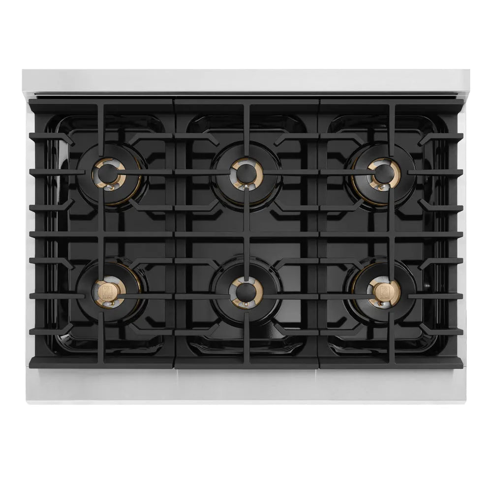 ZLINE Autograph Edition 36 in. 5.2 cu. ft. Marino Dual Fuel Range with 6 Burner DuoPro™ Cooktop and Electric Convection Oven with White Matte Door and Matte Black Accents (PMDRZ-WM-36-MB) top-down, above cooking surface.