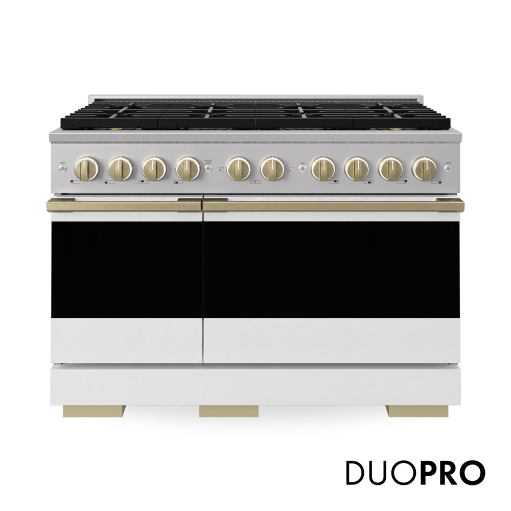 ZLINE Autograph Edition 48 in. 6.7 cu. ft. Marino Dual Fuel Range with 8 Burner DuoPro™ Cooktop and Dual Ovens with White Matte Doors and Champagne Bronze Accents (PMDRZ-WM-48-CB) main image.