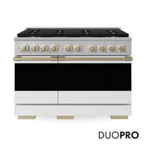 ZLINE Autograph Edition 48 in. 6.7 cu. ft. Marino Dual Fuel Range with 8 Burner DuoPro™ Cooktop and Dual Ovens with White Matte Doors and Champagne Bronze Accents (PMDRZ-WM-48-CB) main image.