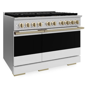 ZLINE Autograph Edition 48 in. 6.7 cu. ft. Marino Dual Fuel Range with 8 Burner DuoPro™ Cooktop and Dual Ovens with White Matte Doors and Champagne Bronze Accents (PMDRZ-WM-48-CB)