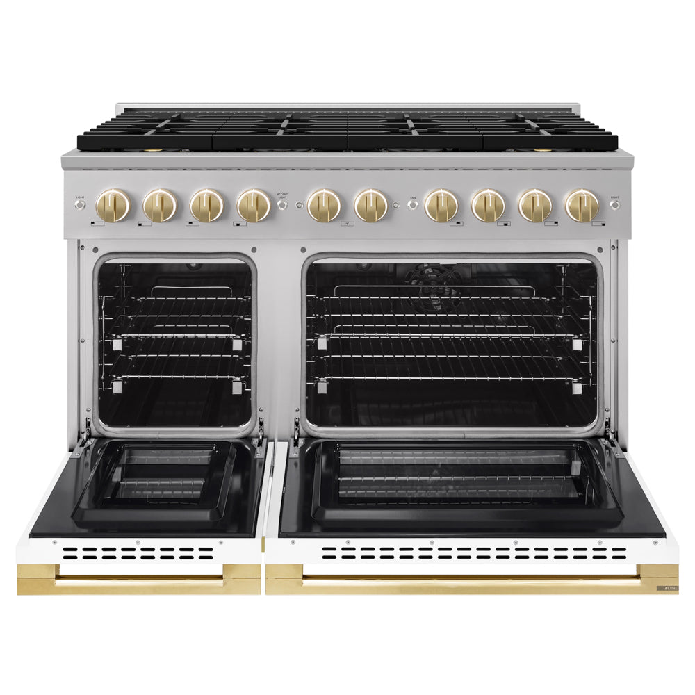 ZLINE Autograph Edition 48 in. 6.7 cu. ft. Marino Dual Fuel Range with 8 Burner DuoPro™ Cooktop and Dual Ovens with White Matte Doors and Polished Gold Accents (PMDRZ-WM-48-G)