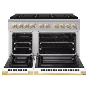 ZLINE Autograph Edition 48 in. 6.7 cu. ft. Marino Dual Fuel Range with 8 Burner DuoPro™ Cooktop and Dual Ovens with White Matte Doors and Polished Gold Accents (PMDRZ-WM-48-G)