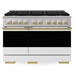 ZLINE Autograph Edition 48 in. 6.7 cu. ft. Marino Dual Fuel Range with 8 Burner DuoPro™ Cooktop and Dual Ovens with White Matte Doors and Polished Gold Accents (PMDRZ-WM-48-G)