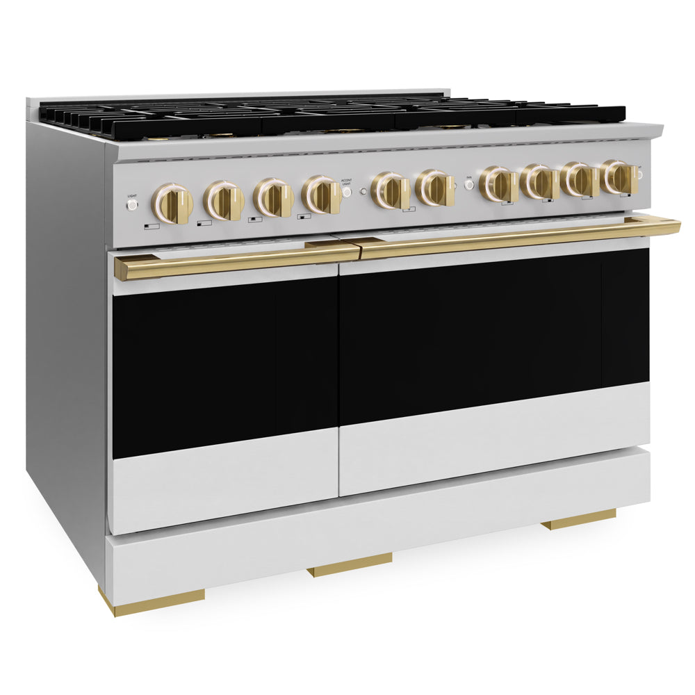 ZLINE Autograph Edition 48 in. 6.7 cu. ft. Marino Dual Fuel Range with 8 Burner DuoPro™ Cooktop and Dual Ovens with White Matte Doors and Polished Gold Accents (PMDRZ-WM-48-G)