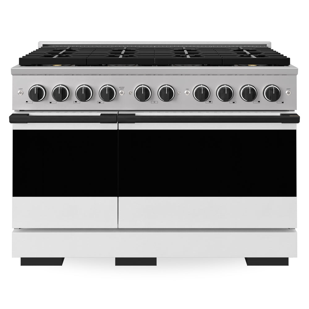 ZLINE Autograph Edition 48 in. 6.7 cu. ft. Marino Dual Fuel Range with 8 Burner DuoPro™ Cooktop and Dual Ovens with White Matte Doors and Matte Black Accents (PMDRZ-WM-48-MB)
