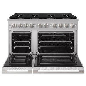 ZLINE 48 in. 6.7 cu. ft. Marino Dual Fuel Range with 8 Burner Gas Cooktop and Dual Ovens in Stainless Steel (MDR48) front, oven open.
