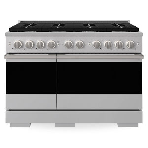 ZLINE 48 in. 6.7 cu. ft. Marino Dual Fuel Range with 8 Burner Gas Cooktop and Dual Ovens in Stainless Steel (MDR48) front, oven closed.