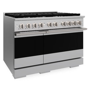ZLINE 48 in. 6.7 cu. ft. Marino Dual Fuel Range with 8 Burner Gas Cooktop and Dual Ovens in Stainless Steel (MDR48) side.