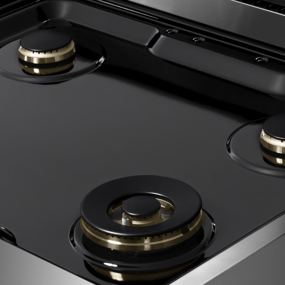 ZLINE 30 in. 4.2 cu. ft. Marino Gas Range with Convection Gas Oven in Stainless Steel with 4 Brass Burners (MGR-BR-30) close-up, black porcelain cooktop without grates.