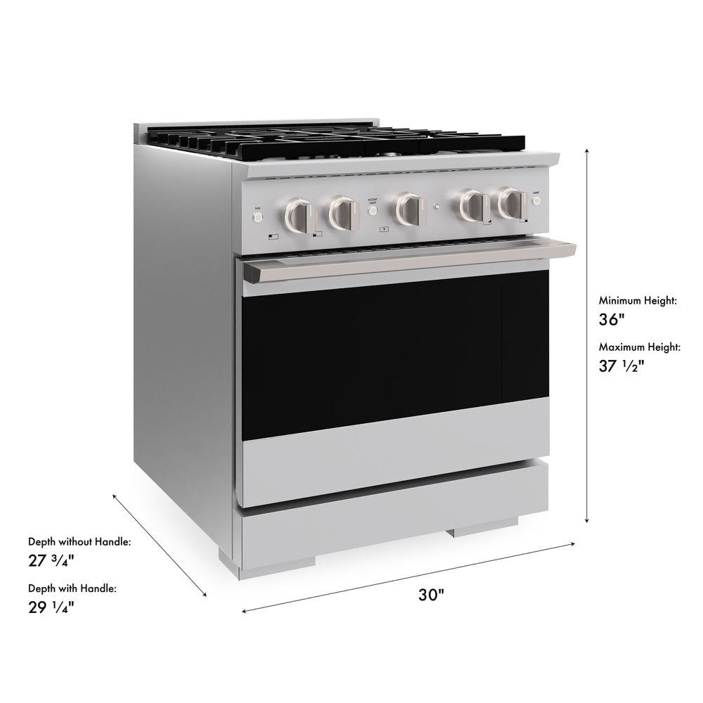 ZLINE 30 in. 4.2 cu. ft. Marino Gas Range with Convection Gas Oven in Stainless Steel with 4 Brass Burners (MGR-BR-30) with dimensions labeled.