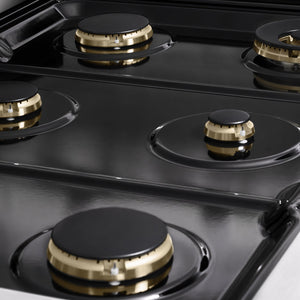 ZLINE 36 in. 5.2 cu. ft. Marino Gas Range with Convection Gas Oven in Stainless Steel with 6 Brass Burners (MGR-BR-36) close-up, black porcelain cooktop without grates.
