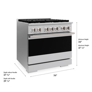 ZLINE 36 in. 5.2 cu. ft. Marino Gas Range with Convection Gas Oven in Stainless Steel with 6 Brass Burners (MGR-BR-36) with dimensions labeled.