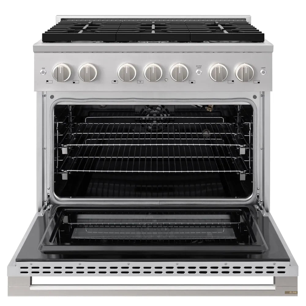 ZLINE 36 in. 5.2 cu. ft. Marino Gas Range with Convection Gas Oven in Stainless Steel with 6 Brass Burners (MGR-BR-36) front, oven open.