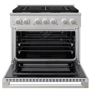 ZLINE 36 in. 5.2 cu. ft. Marino Gas Range with Convection Gas Oven in Stainless Steel with 6 Brass Burners (MGR-BR-36) front, oven open.