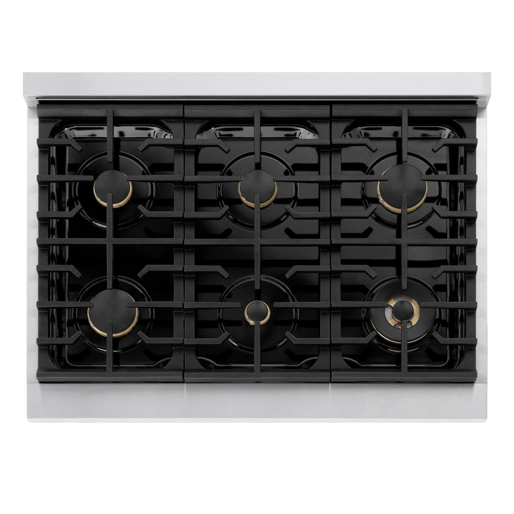 ZLINE 36 in. 5.2 cu. ft. Marino Gas Range with Convection Gas Oven in Stainless Steel with 6 Brass Burners (MGR-BR-36) top-down, above cooking surface.