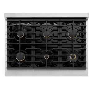 ZLINE 36 in. 5.2 cu. ft. Marino Gas Range with Convection Gas Oven in Stainless Steel with 6 Brass Burners (MGR-BR-36) top-down, above cooking surface.