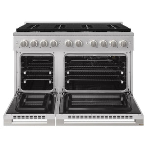 ZLINE 48 in. 6.7 cu. ft. Marino Double Oven Gas Range in Stainless Steel with 8 Brass Burners (MGR-BR-48) front, oven open.