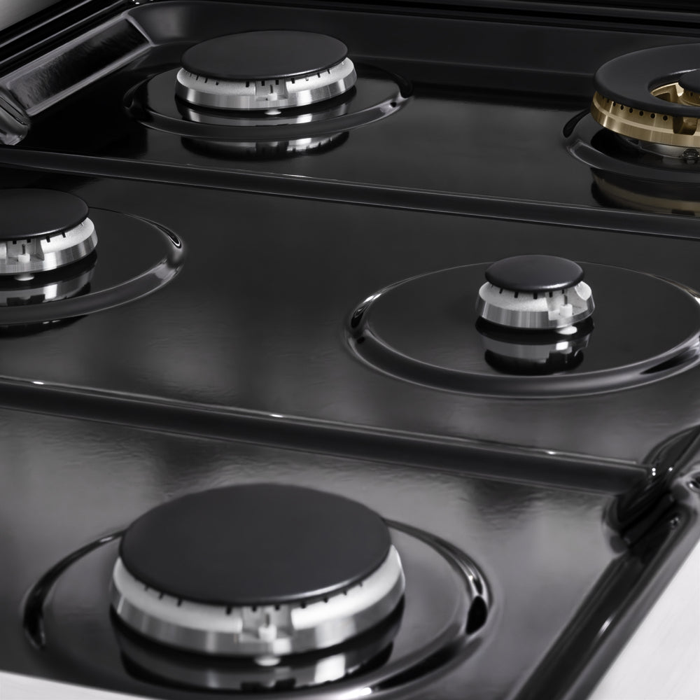 ZLINE 36 in. 5.2 cu. ft. Marino Gas Range with 6 Burner Cooktop and Convection Gas Oven in Stainless Steel with White Matte Door (MGR-WM-36) close-up, black porcelain cooktop without grates.