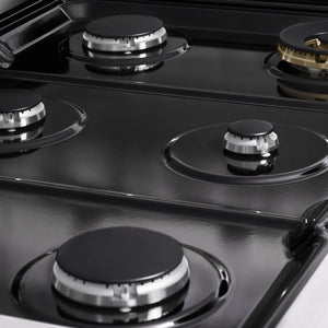 ZLINE 36 in. 5.2 cu. ft. Marino Gas Range with 6 Burner Cooktop and Convection Gas Oven in Stainless Steel with White Matte Door (MGR-WM-36) close-up, black porcelain cooktop without grates.
