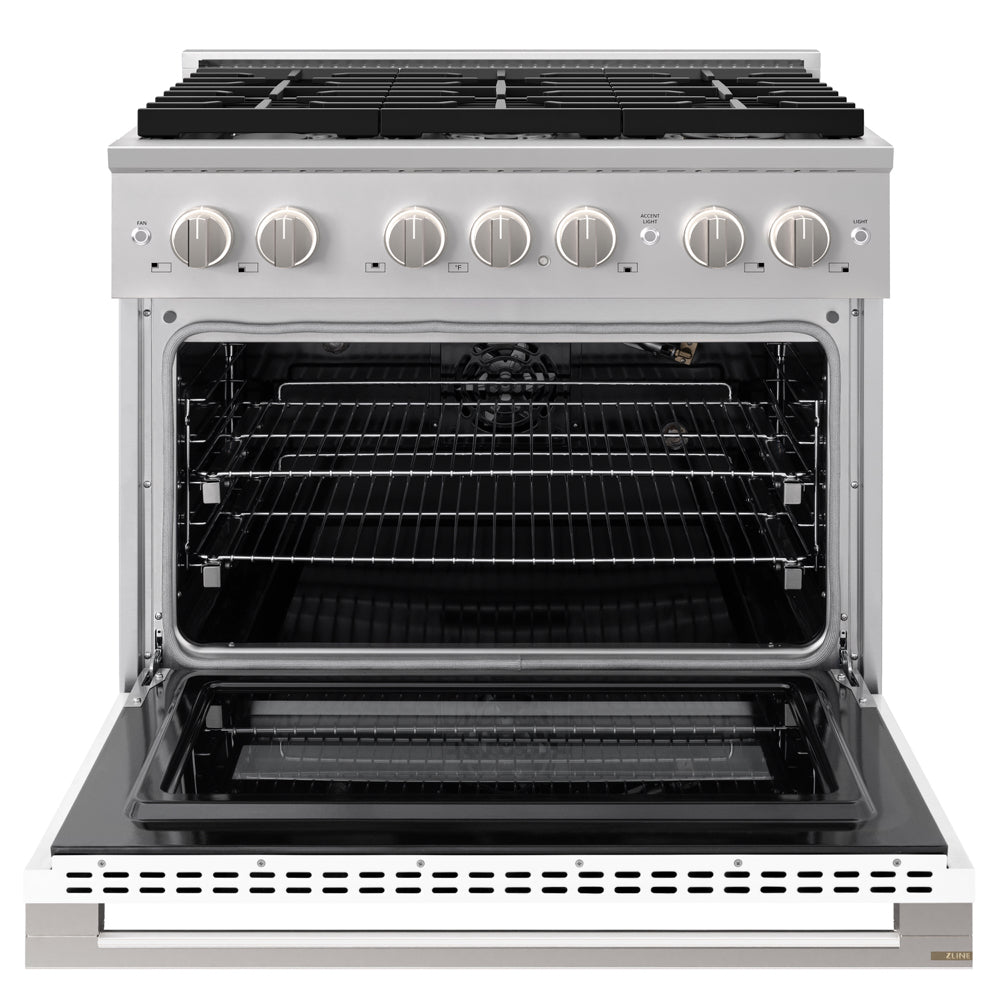 ZLINE 36 in. 5.2 cu. ft. Marino Gas Range with 6 Burner Cooktop and Convection Gas Oven in Stainless Steel with White Matte Door (MGR-WM-36) front, oven open.