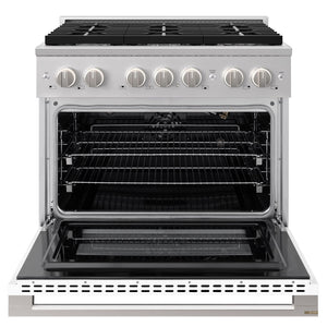 ZLINE 36 in. 5.2 cu. ft. Marino Gas Range with 6 Burner Cooktop and Convection Gas Oven in Stainless Steel with White Matte Door (MGR-WM-36) front, oven open.