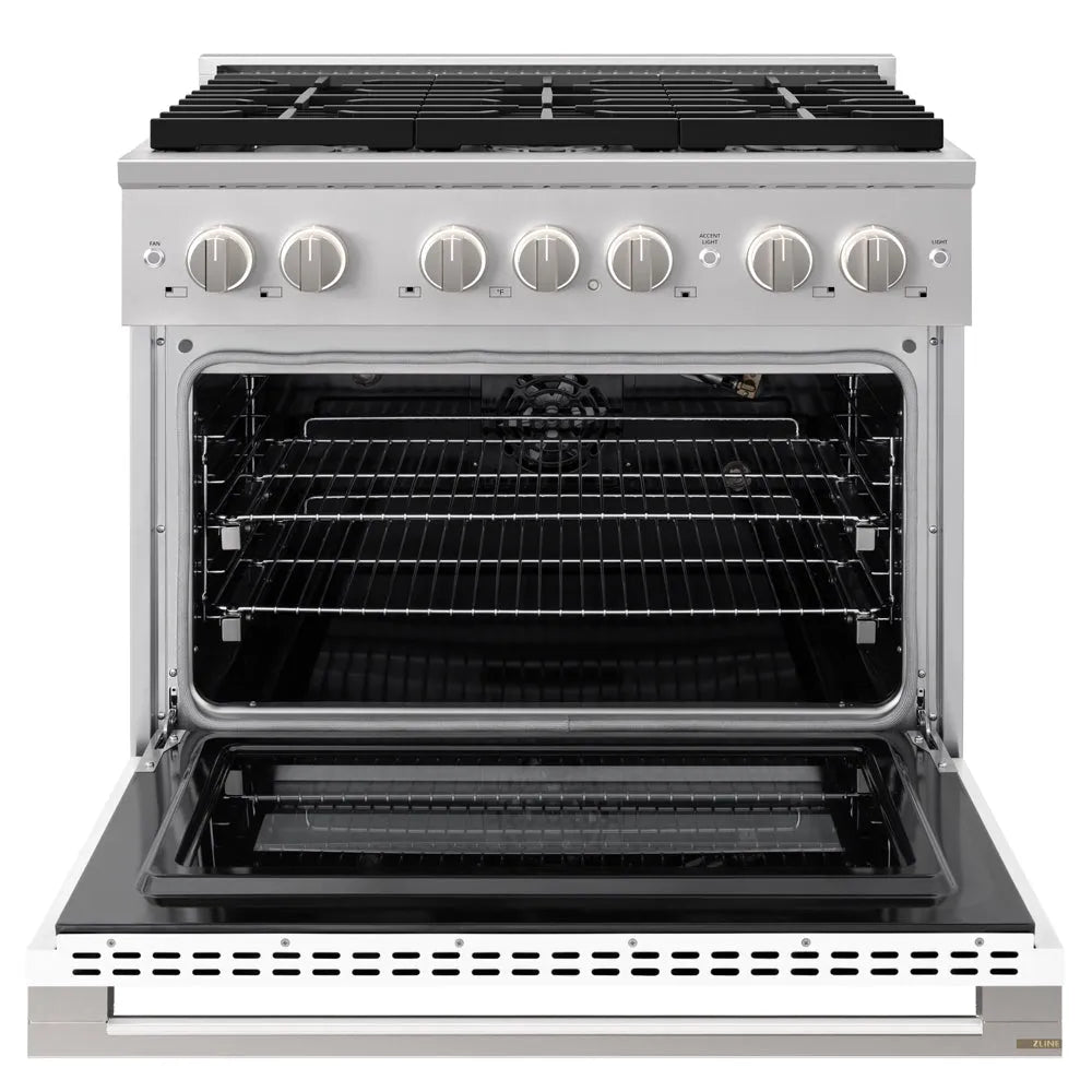 ZLINE 36 in. 5.2 cu. ft. Marino Gas Range with 6 Burner Cooktop and Convection Gas Oven in Stainless Steel with White Matte Door (MGR-WM-36) front, oven open.