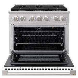 ZLINE 36 in. 5.2 cu. ft. Marino Gas Range with 6 Burner Cooktop and Convection Gas Oven in Stainless Steel with White Matte Door (MGR-WM-36) front, oven open.