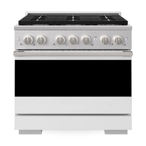 ZLINE 36 in. 5.2 cu. ft. Marino Gas Range with 6 Burner Cooktop and Convection Gas Oven in Stainless Steel with White Matte Door (MGR-WM-36) front, oven closed.