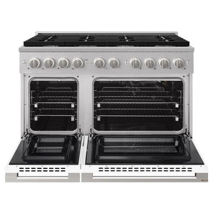 ZLINE 48 in. 6.7 cu. ft. Marino Double Oven Gas Range with 8 Burner Cooktop in Stainless Steel with White Matte Doors (MGR-WM-48) front, oven open.