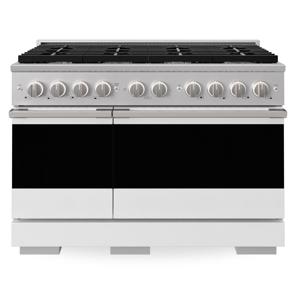 ZLINE 48 in. 6.7 cu. ft. Marino Double Oven Gas Range with 8 Burner Cooktop in Stainless Steel with White Matte Doors (MGR-WM-48) front, oven closed.