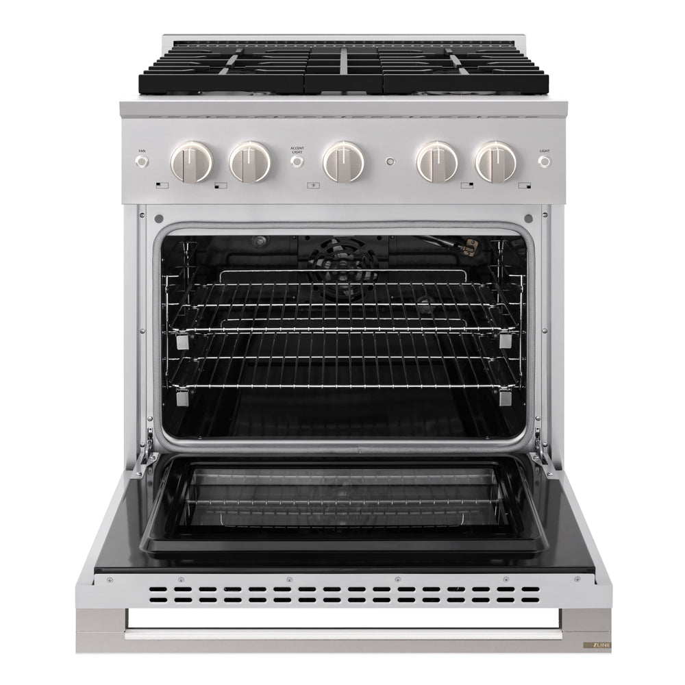 ZLINE 30 in. 4.2 cu. ft. Marino Gas Range with 4 Burner Cooktop and Convection Gas Oven in Stainless Steel (MGR30) front, oven open.