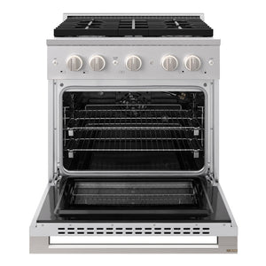 ZLINE 30 in. 4.2 cu. ft. Marino Gas Range with 4 Burner Cooktop and Convection Gas Oven in Stainless Steel (MGR30) front, oven open.