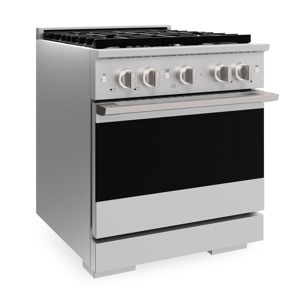 ZLINE 30 in. 4.2 cu. ft. Marino Gas Range with 4 Burner Cooktop and Convection Gas Oven in Stainless Steel (MGR30) side.