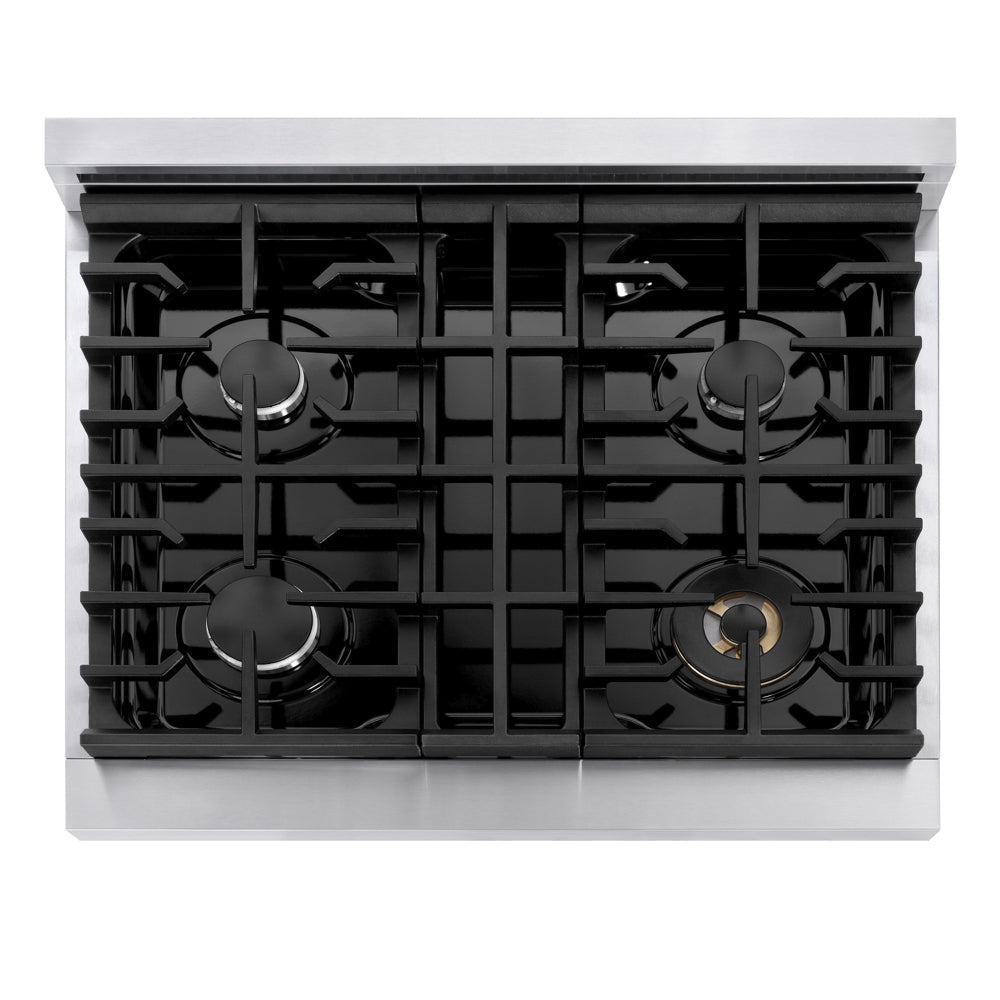 ZLINE 30 in. 4.2 cu. ft. Marino Gas Range with 4 Burner Cooktop and Convection Gas Oven in Stainless Steel (MGR30) top-down, above cooking surface.