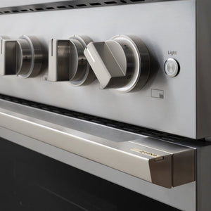 ZLINE 36 in. 5.2 cu. ft. Marino Gas Range with 6 Burner Cooktop and Convection Gas Oven in Stainless Steel (MGR36) close-up, oven and cooktop knobs.