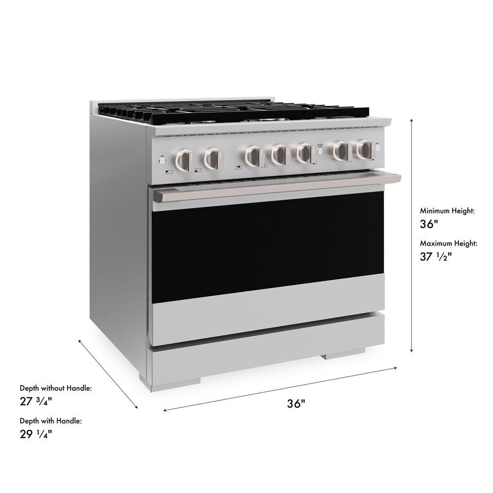 ZLINE 36 in. 5.2 cu. ft. Marino Gas Range with 6 Burner Cooktop and Convection Gas Oven in Stainless Steel (MGR36) with dimensions labeled.