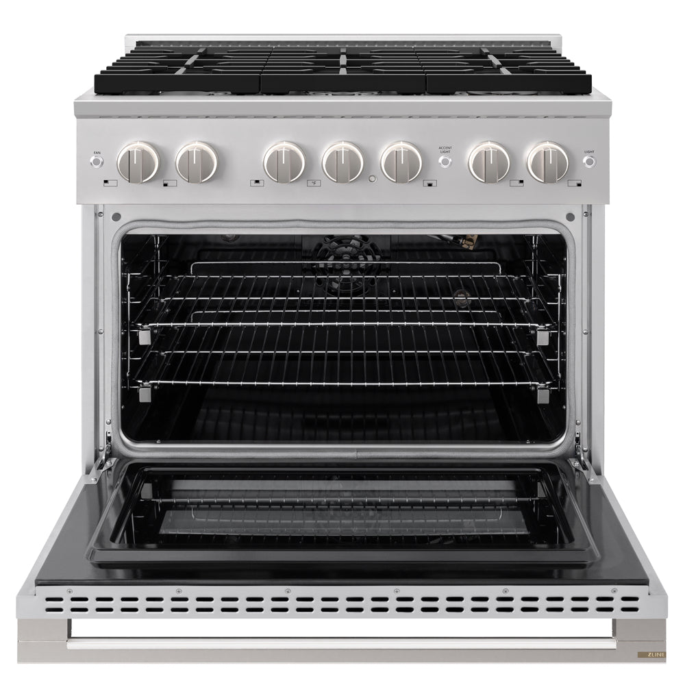 ZLINE 36 in. 5.2 cu. ft. Marino Gas Range with 6 Burner Cooktop and Convection Gas Oven in Stainless Steel (MGR36) front, oven open.